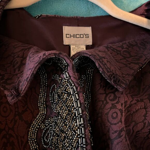 Chico’s Jacket M Purple Jacquard Damask Beaded Open Front Dressy Evening Formal* - Picture 7 of 9